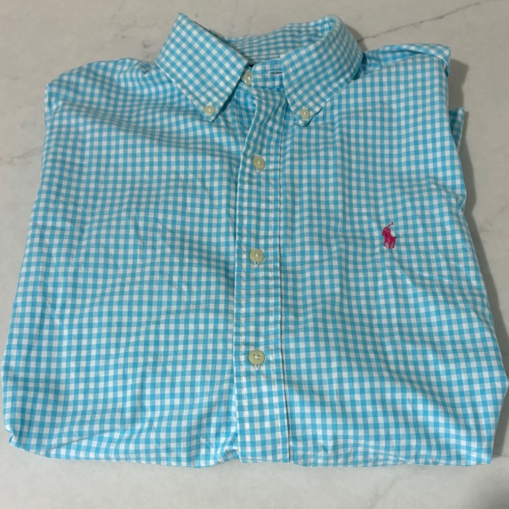 GUC Ralph Lauren Men's Teal and White Checkered Long Sleeve Shirt